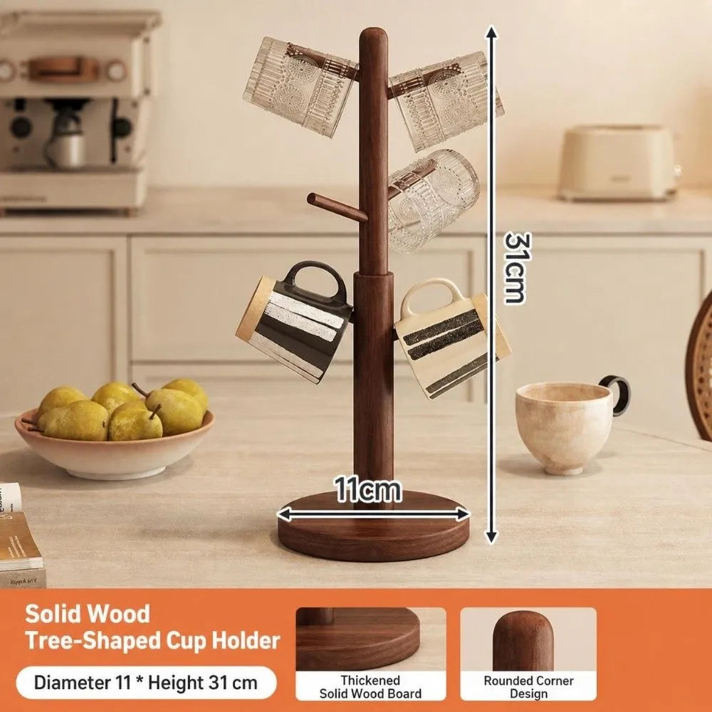 Wooden Tree Mug Rack – 6-Hook Coffee Cup Holder & Organizer
