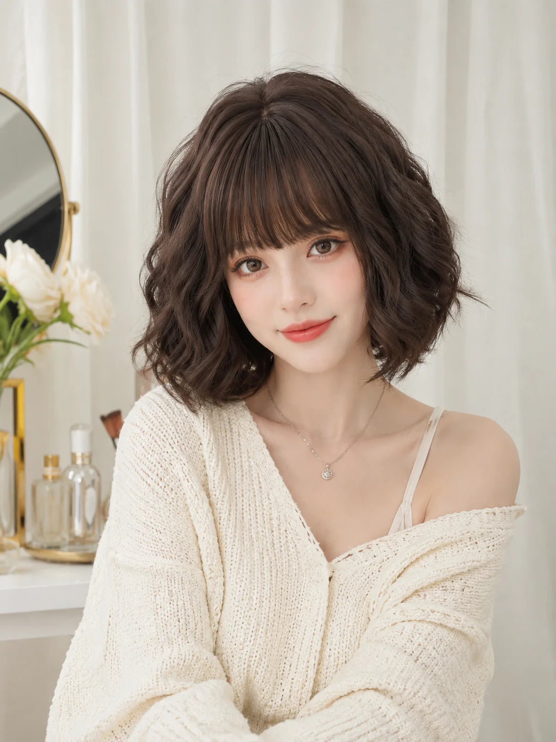 Short Wavy Bob Wig with Bangs – Synthetic Natural Scalp
