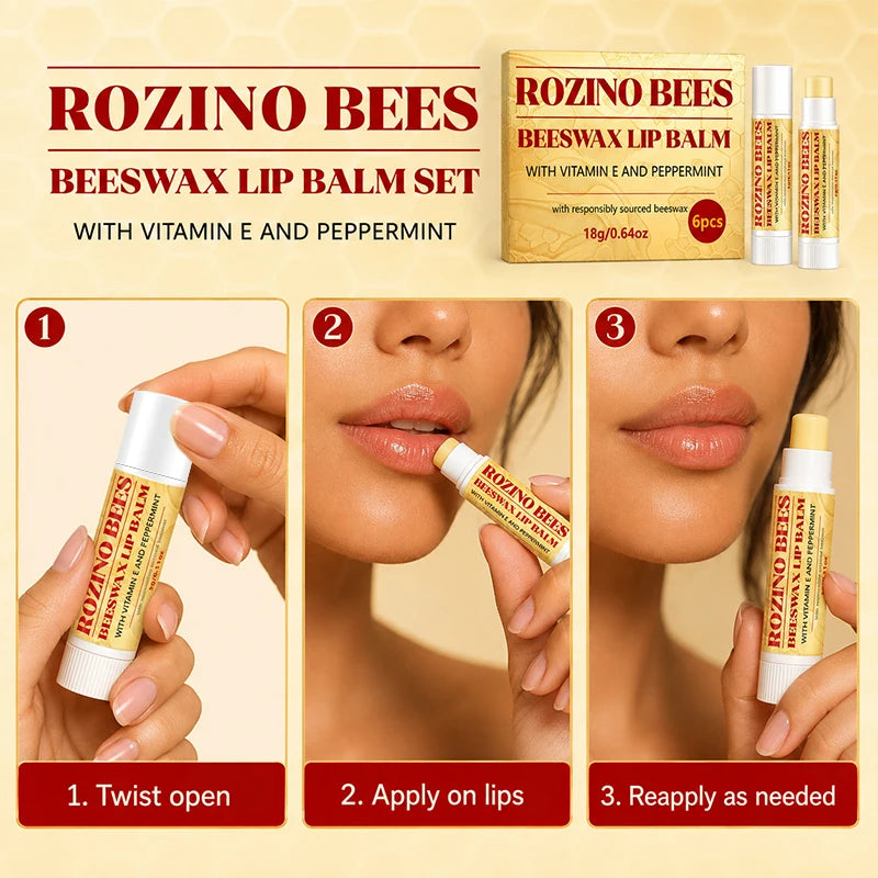 ROZINO 6-Pack Beeswax Lip Balm – Moisturizing & Nourishing