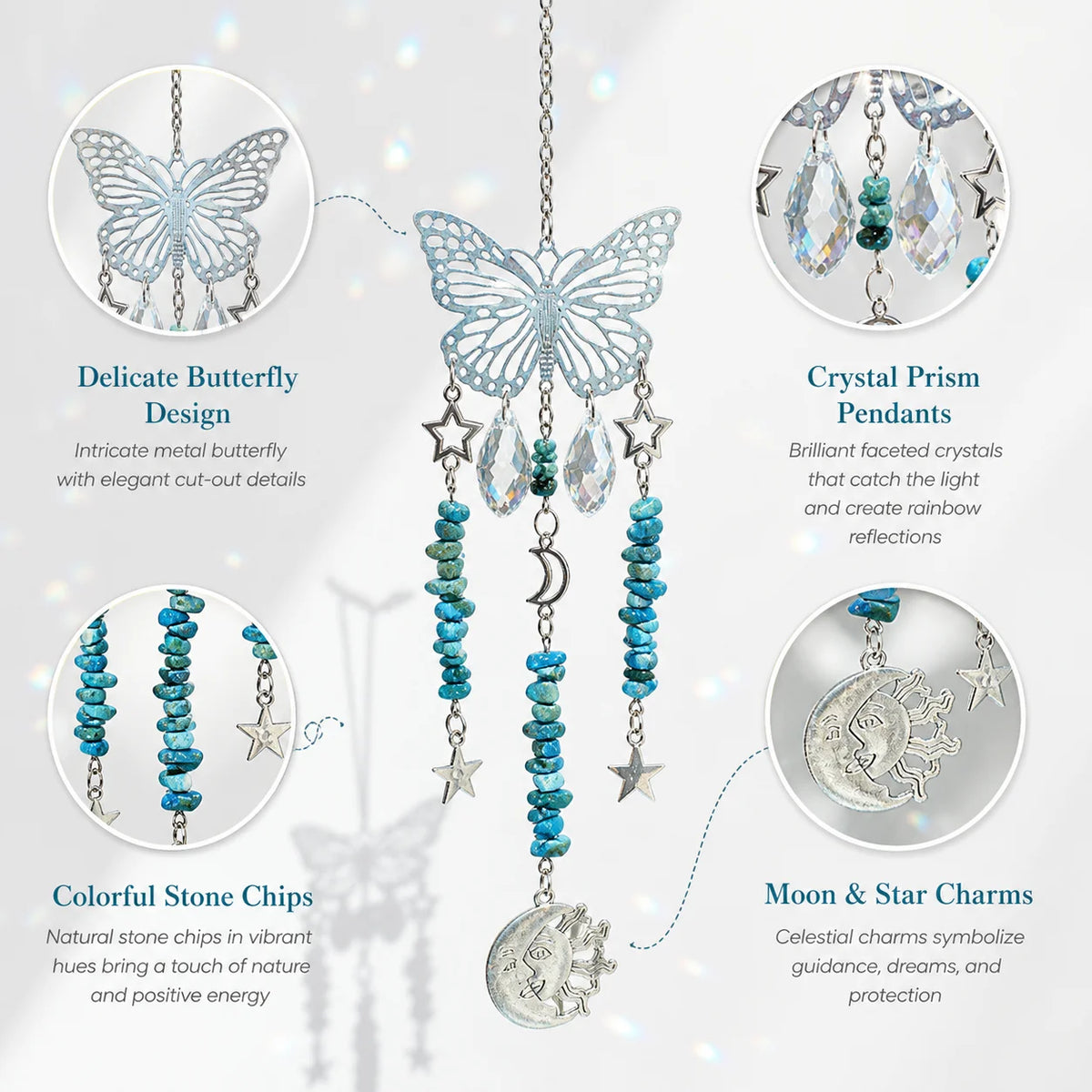 Butterfly Crystal Sun Catcher – Gemstone, Moon & Star Charms
