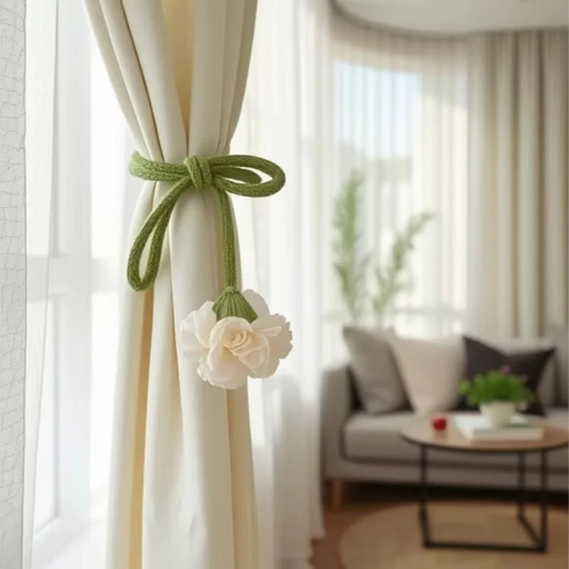 Flower Curtain Tiebacks with Tassels | Braided Rope Holdbacks