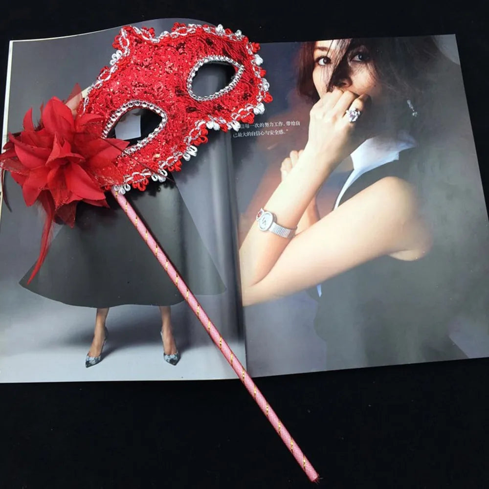Handheld Feather Masquerade Mask – White Lace & Holding Stick
