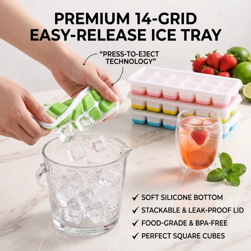 Silicone Ice Cube Tray 14-Grid with Lid | BPA-Free Ice Maker