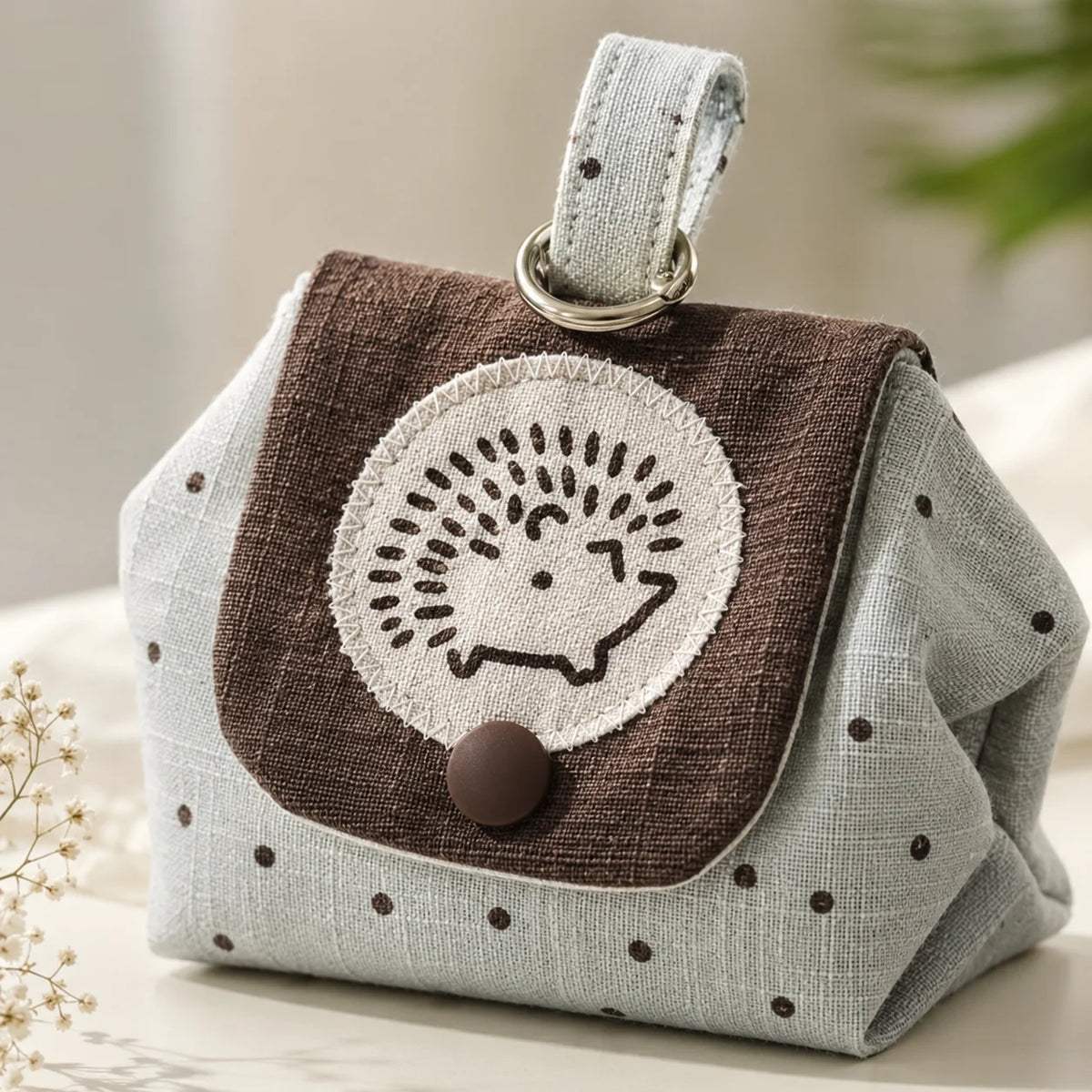 Hedgehog Embroidery Coin Purse – Green Polka Dot Mini Pouch