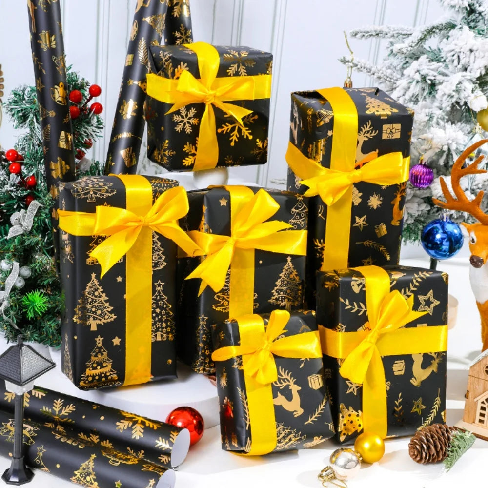 Gold Foil Christmas Wrapping Paper 50x70cm | Snowflake & Tree