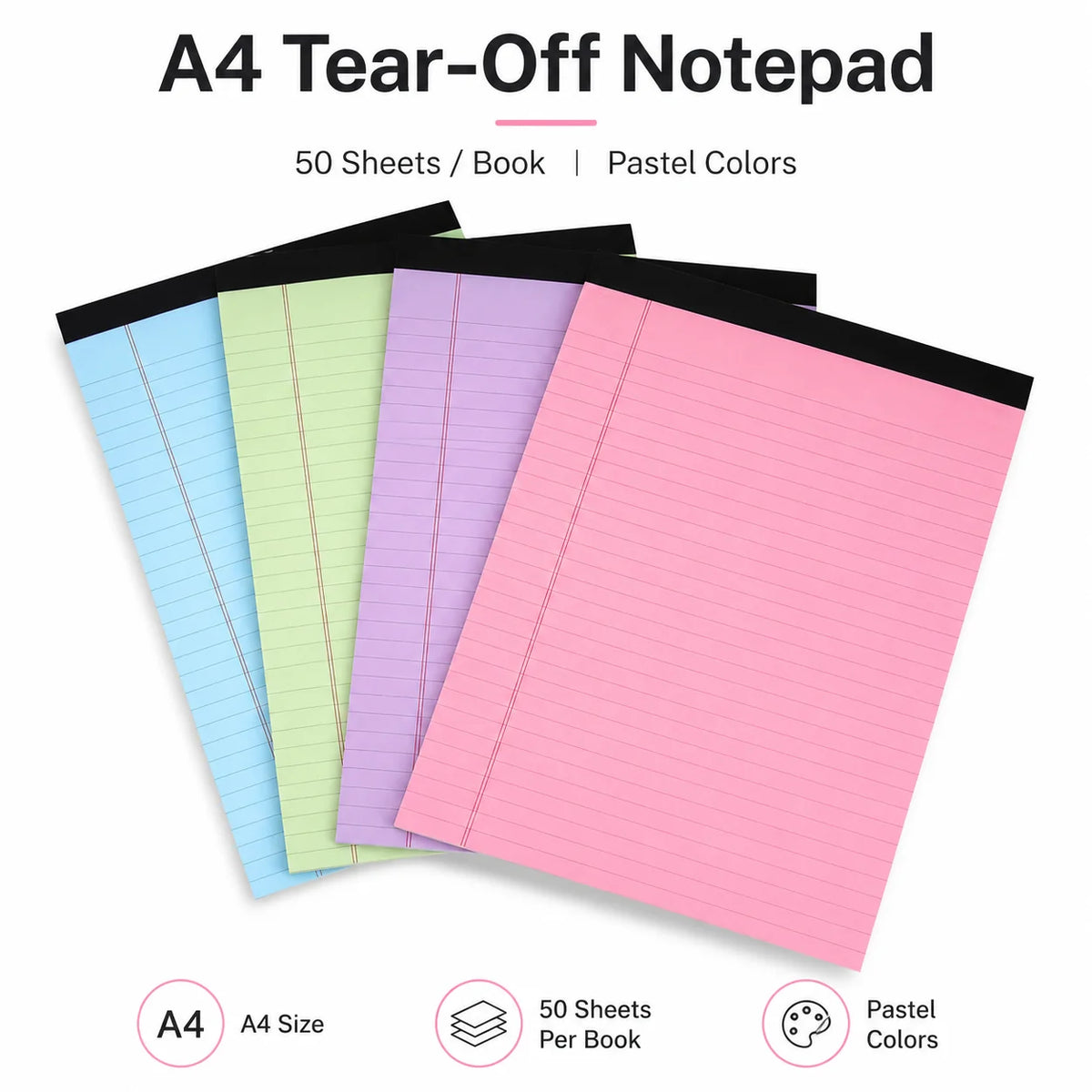 Set of 4 A4 Lined Tear-Off Notepads – Pastel Colors, 50 Sheets
