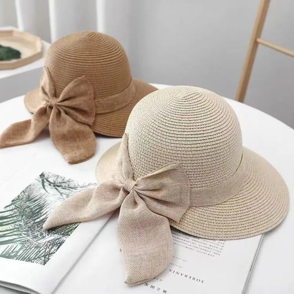 Women's Wide Brim Straw Sun Hat – UV Protection Bowknot