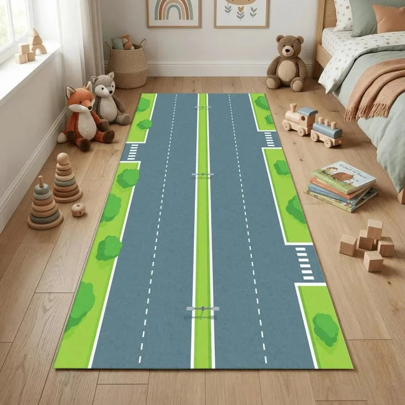 Modern Road Runner Rug – Black Highway Carpet Mat for Kids