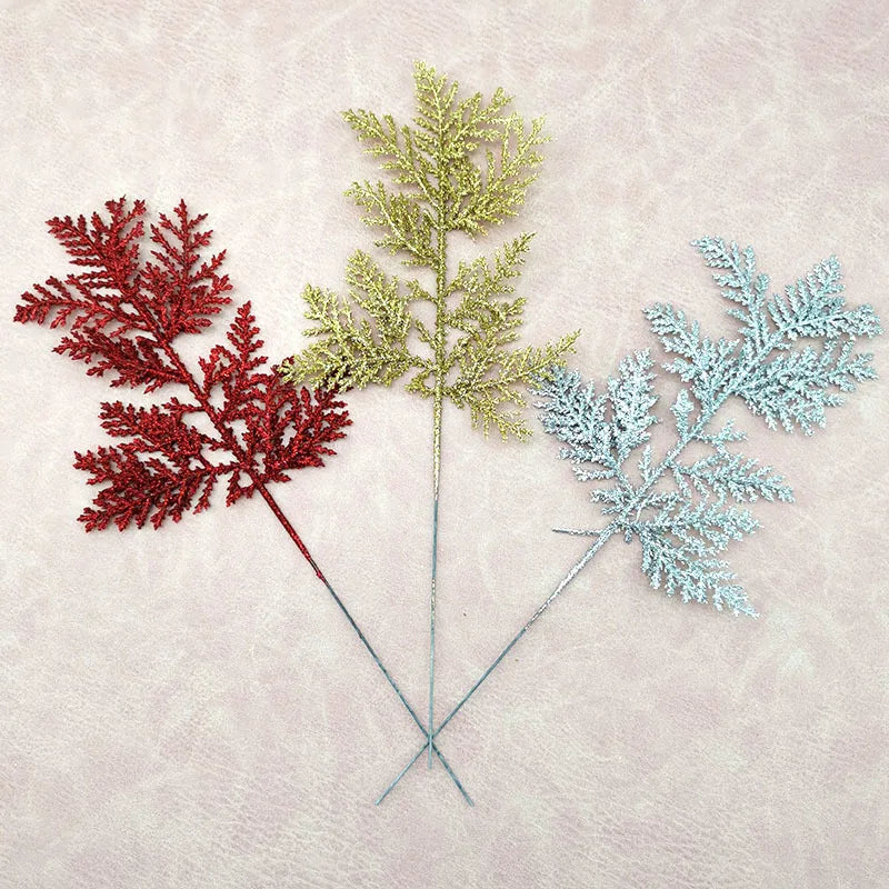 Gold Glitter Artificial Pine Branches Christmas Decor 10pcs