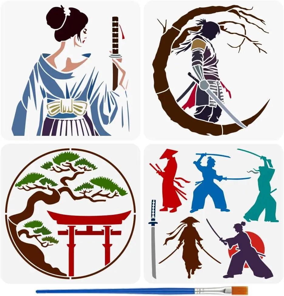 4-Piece Oriental Samurai Painting Stencil Set with Brush 11.8"