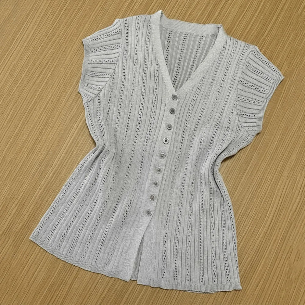 Women's Ice Silk V-Neck Hollow Knit Cardigan Short Sleeve Top