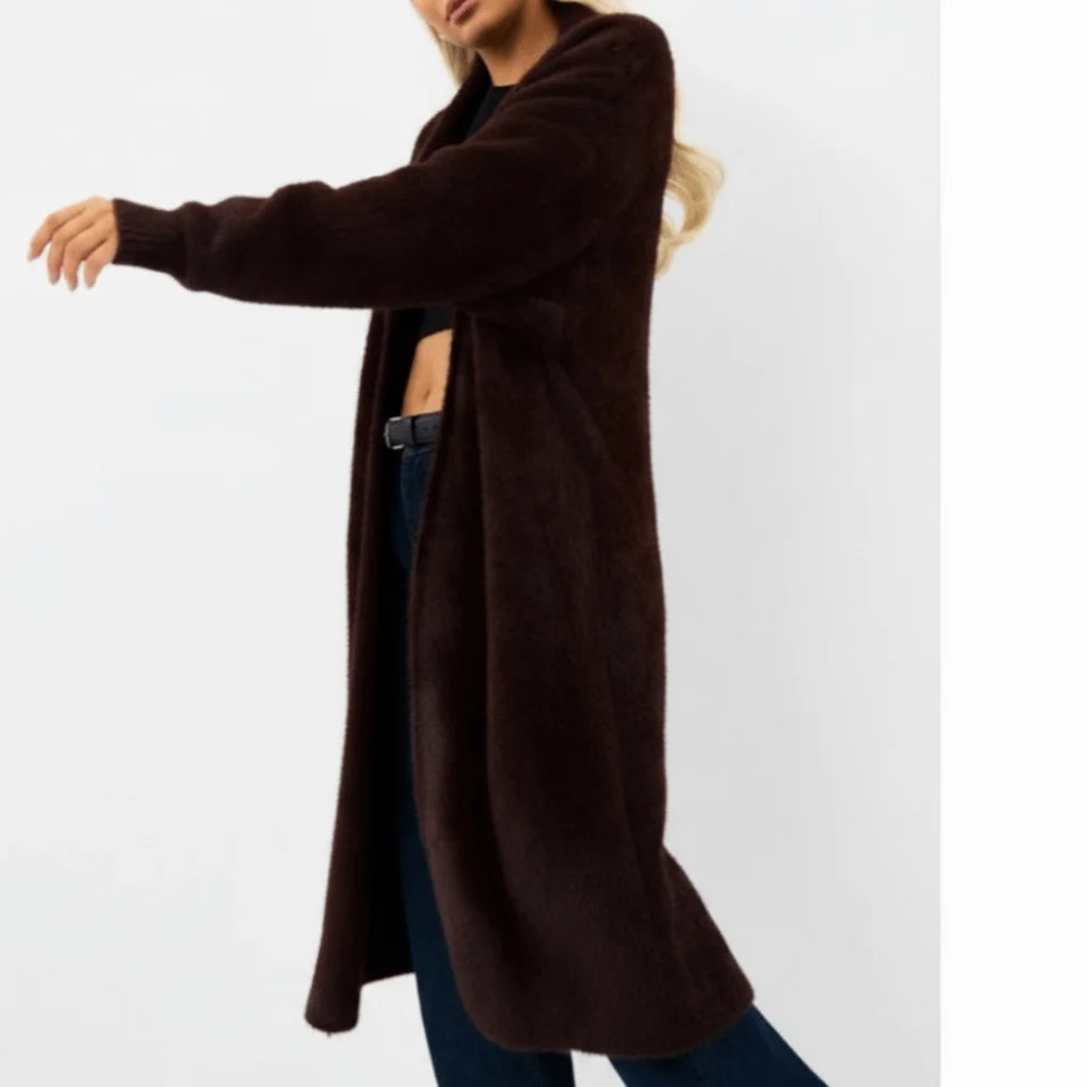 Women's Long Fuzzy Open Front Cardigan – Cozy Knit Coat