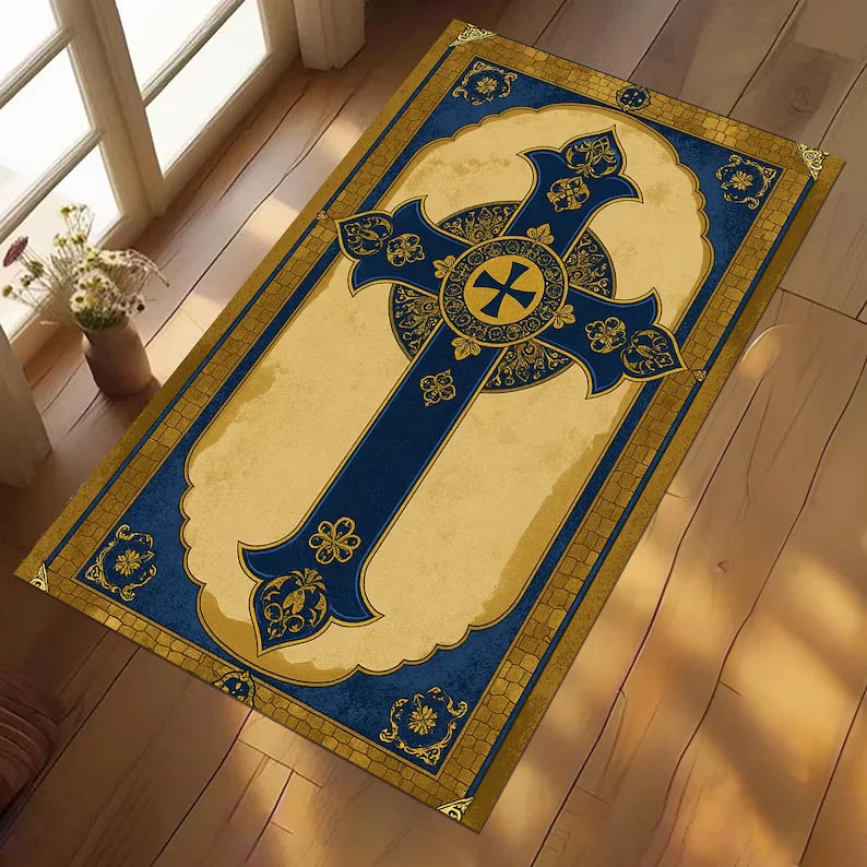 Vintage Floral Cross Prayer Rug – Non-Slip Christian Décor Mat