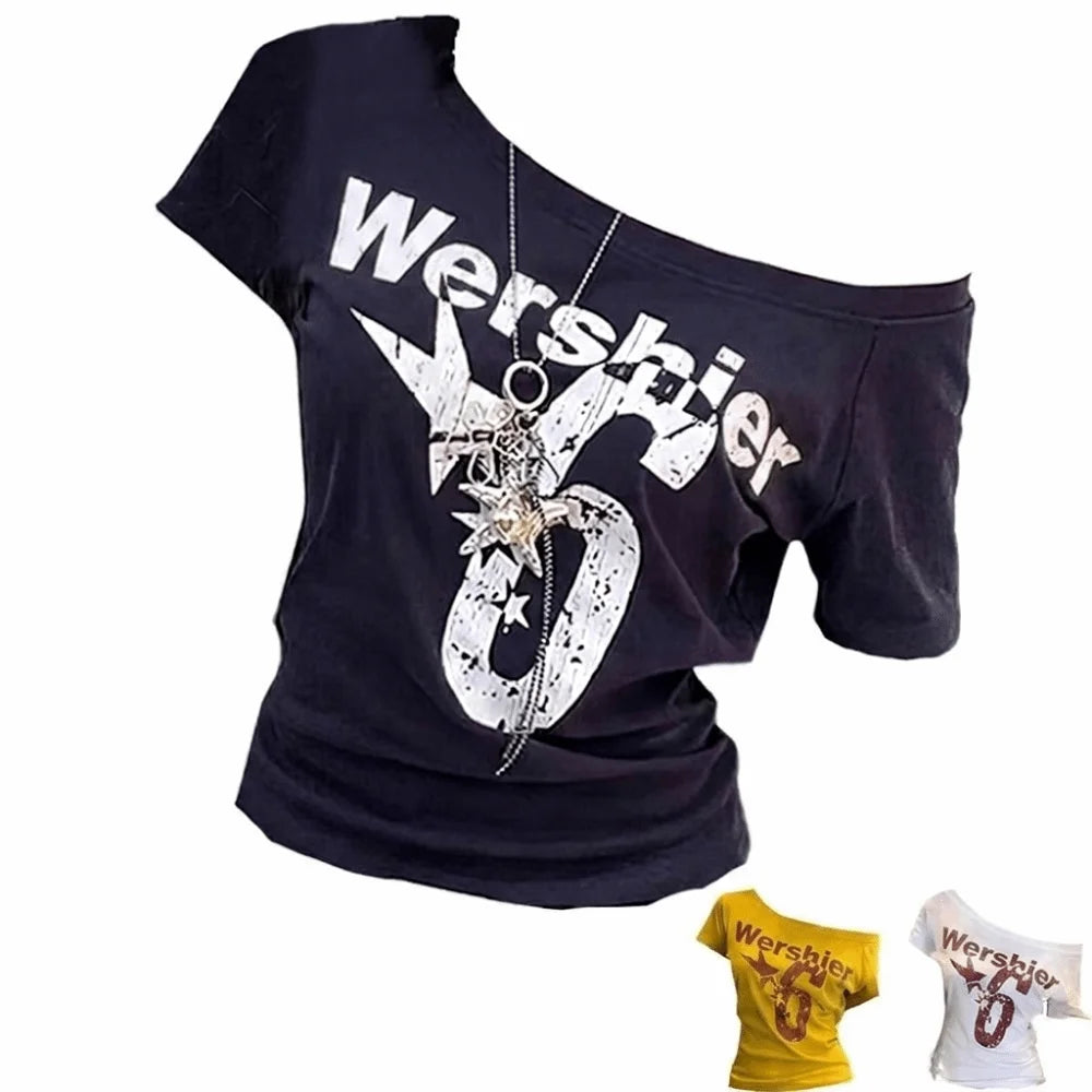 Y2K Off Shoulder Crop Top – Short Sleeve Letter Print Tee