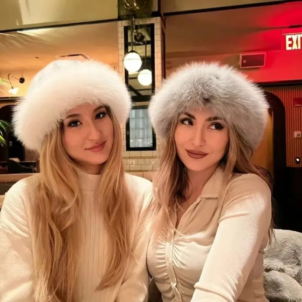 Fluffy Faux Fur Plush Bucket Hat – Windproof Winter Panama Cap