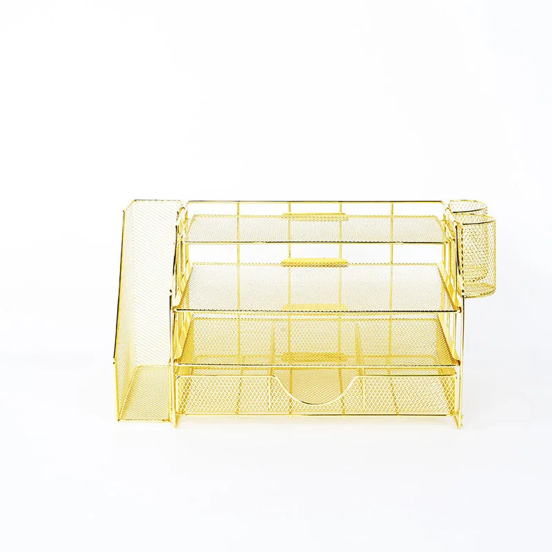 Iron Desktop File Storage Rack – Rose Gold Grid Organizer
