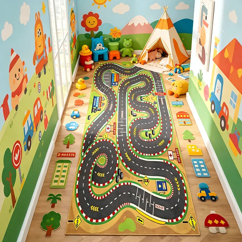 City Road Racing Track Kids Play Rug | Anti-Slip Floor Mat