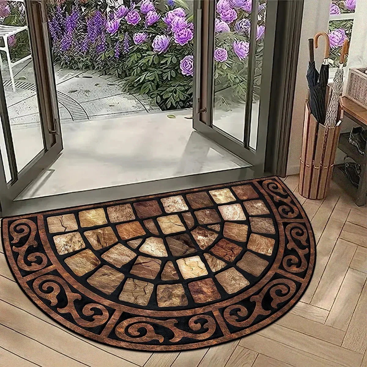 Vintage Mosaic Half Round Doormat – Non-Slip Entry Rug