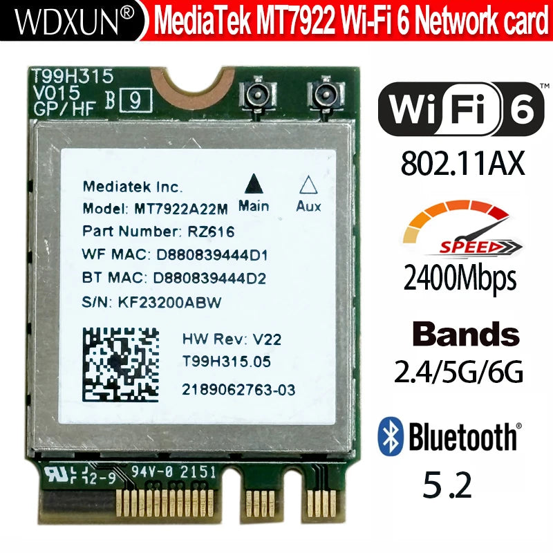 WiFi 6E MT7922 Tri-Band 2400Mbps M.2 NGFF Card + Bluetooth 5.2