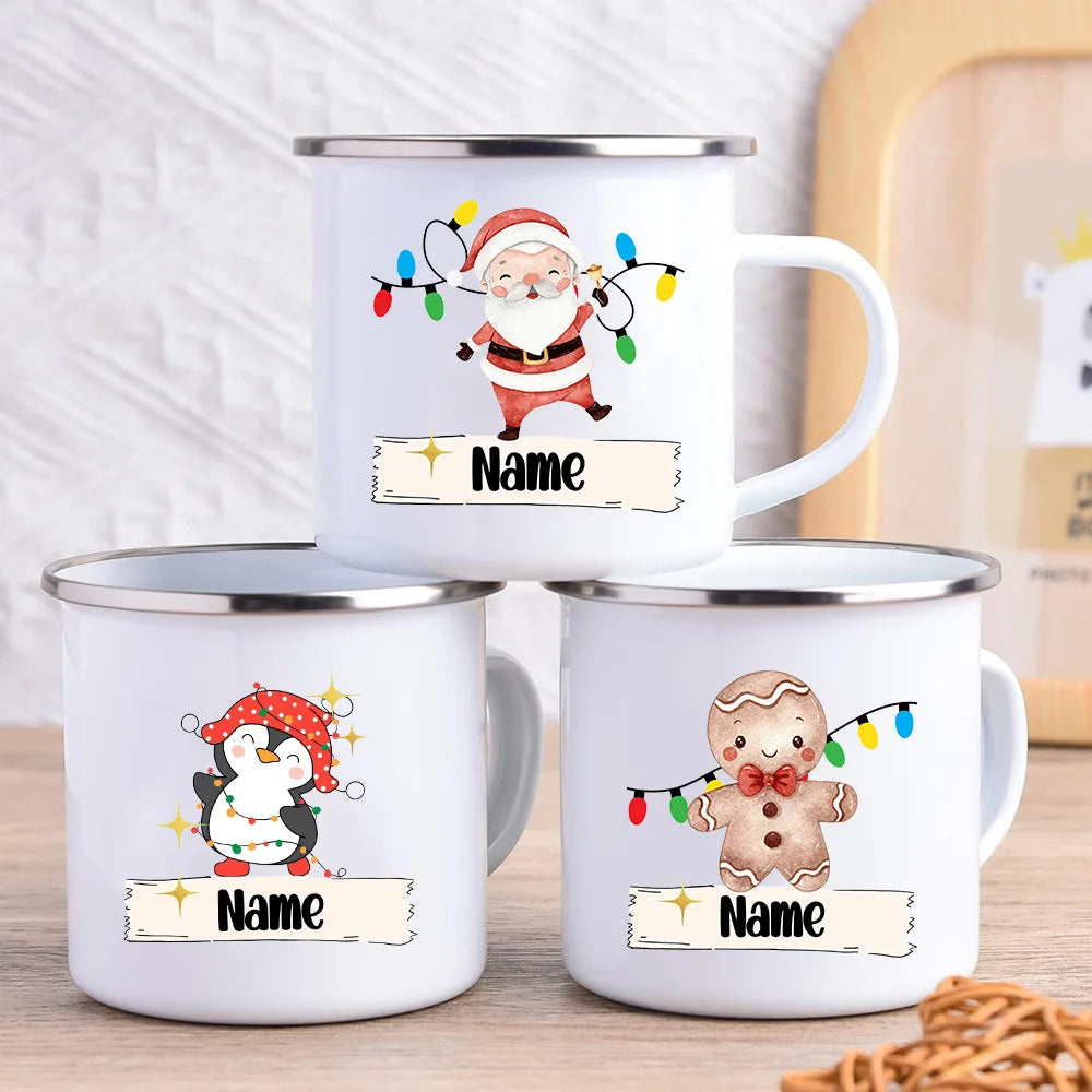 Personalized Christmas Enamel Mug – Deer & Santa Name Cup