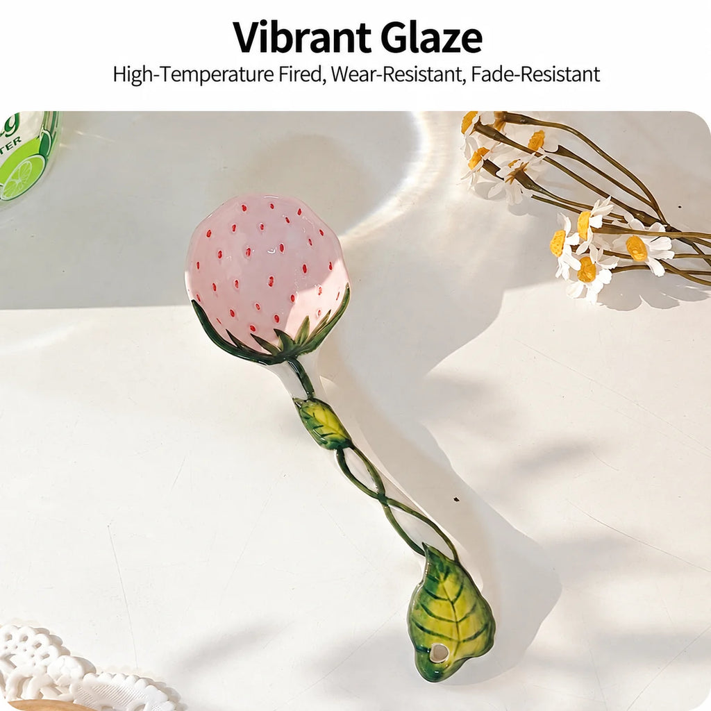 Hand-Painted Ceramic Strawberry Spoon – Long Handle Kitchen