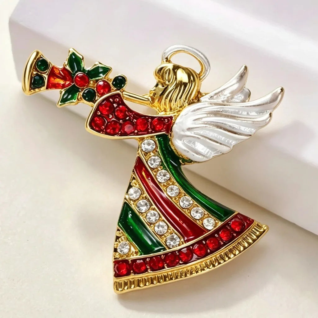 Angel Horn Rhinestone Christmas Brooch – Red & Green Holiday Pin