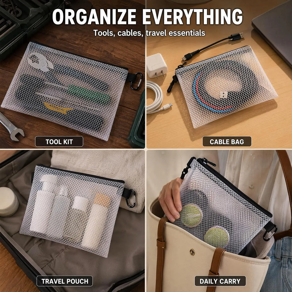Transparent Mesh Storage Bag with Carabiner | XS–L Sizes