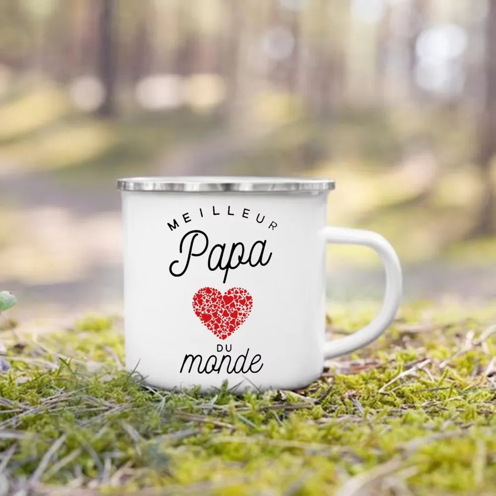 French Print Enamel Camping Mug – Gift for Dad & Mom