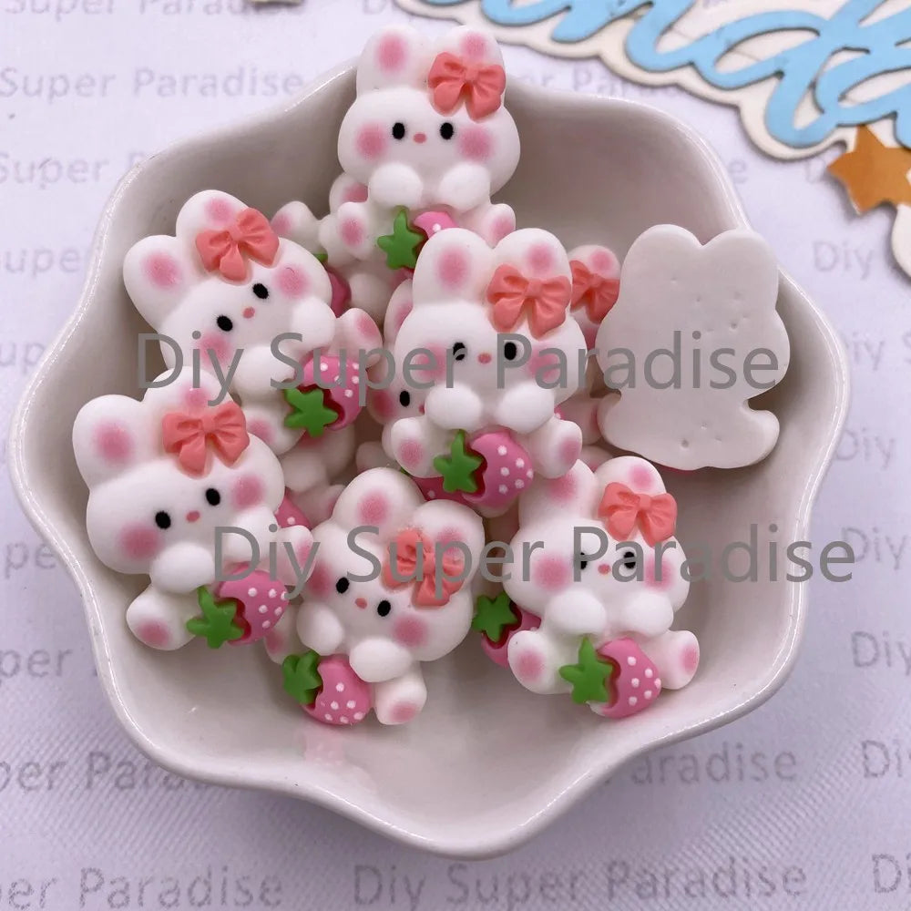 12PCS Resin Strawberry Rabbit Flatback Figurines for DIY Crafts