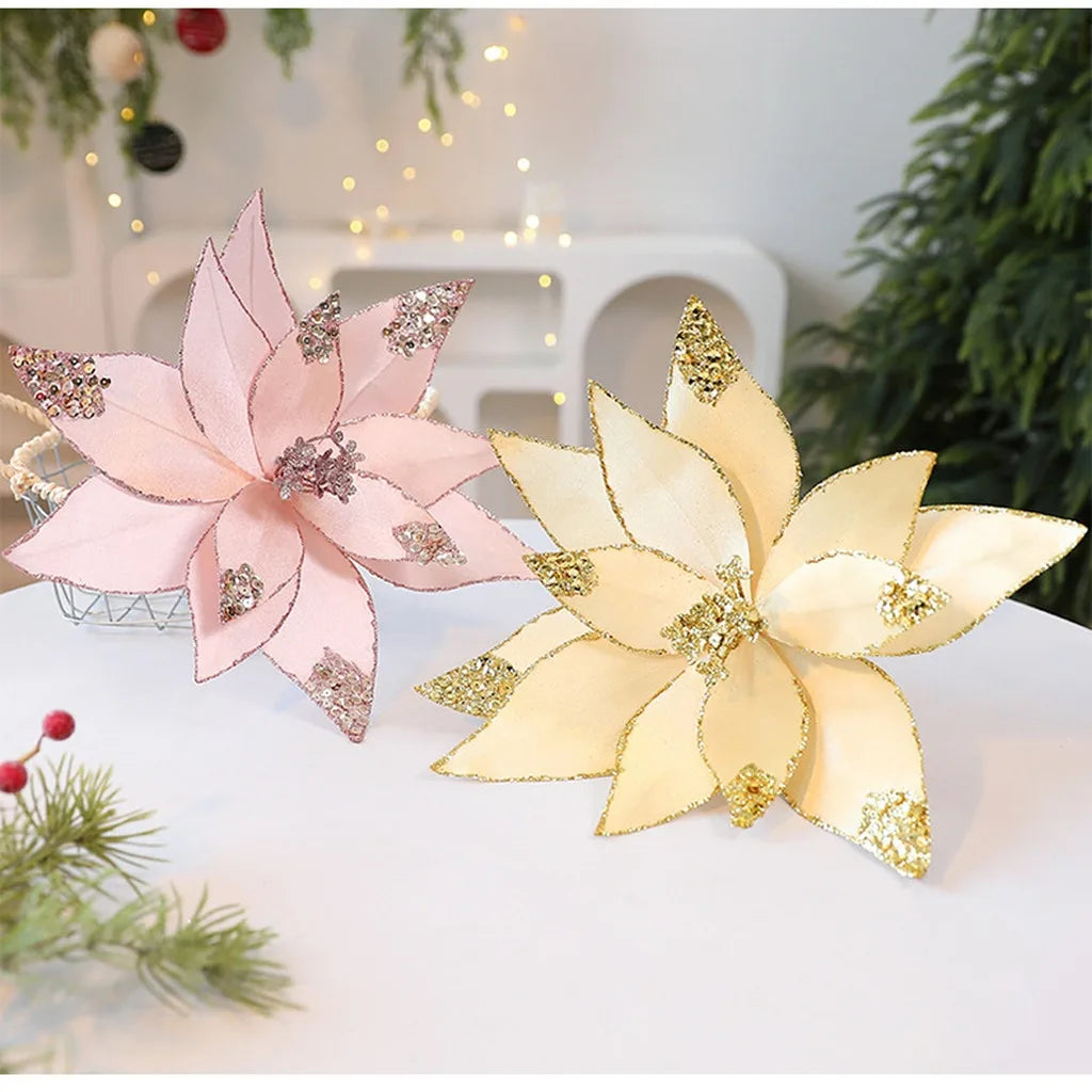 Fabric Sequin Artificial Christmas Rose Flower | Holiday Décor