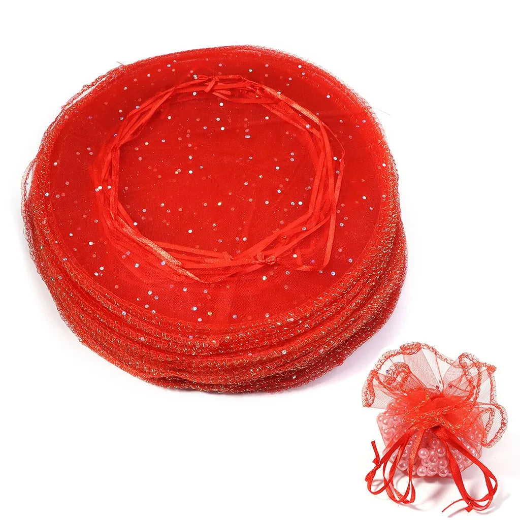 Round Organza Drawstring Gift Pouches – 10pc Sequin Tulle