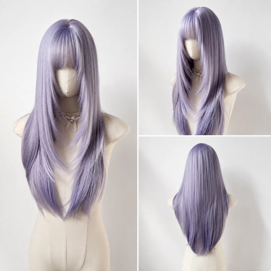 Purple Long Straight Wig – Lolita Blunt Bangs Y2K Cosplay