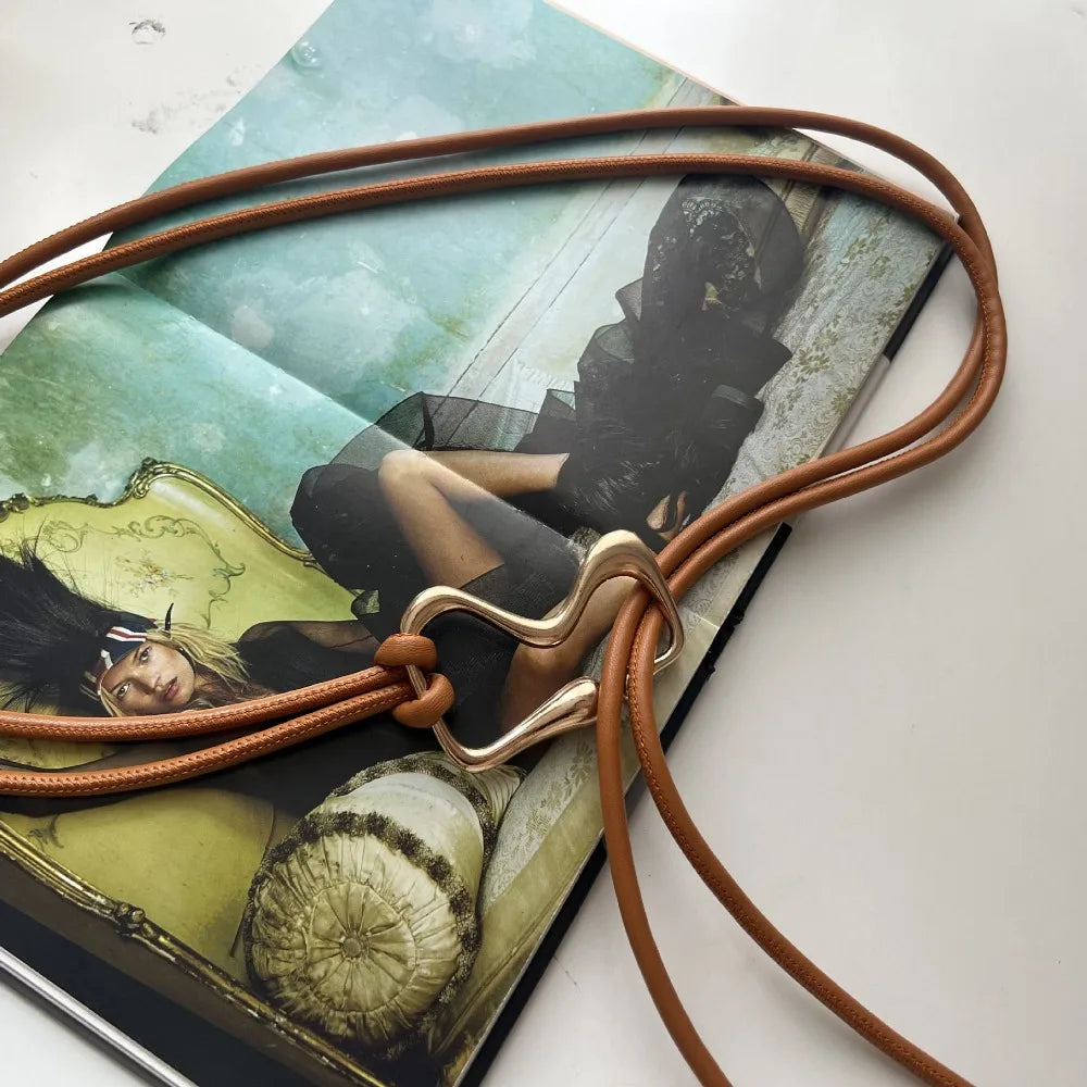Women's Thin PU Leather Knotted Waist Belt – Golden Buckle