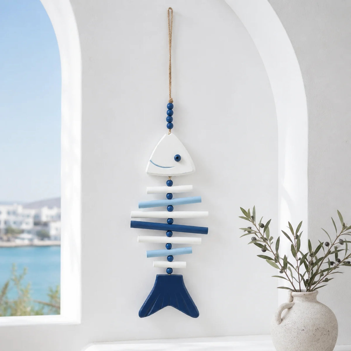 Wooden Fish Bone Wall Hanging – Blue White Nautical Coastal Decor