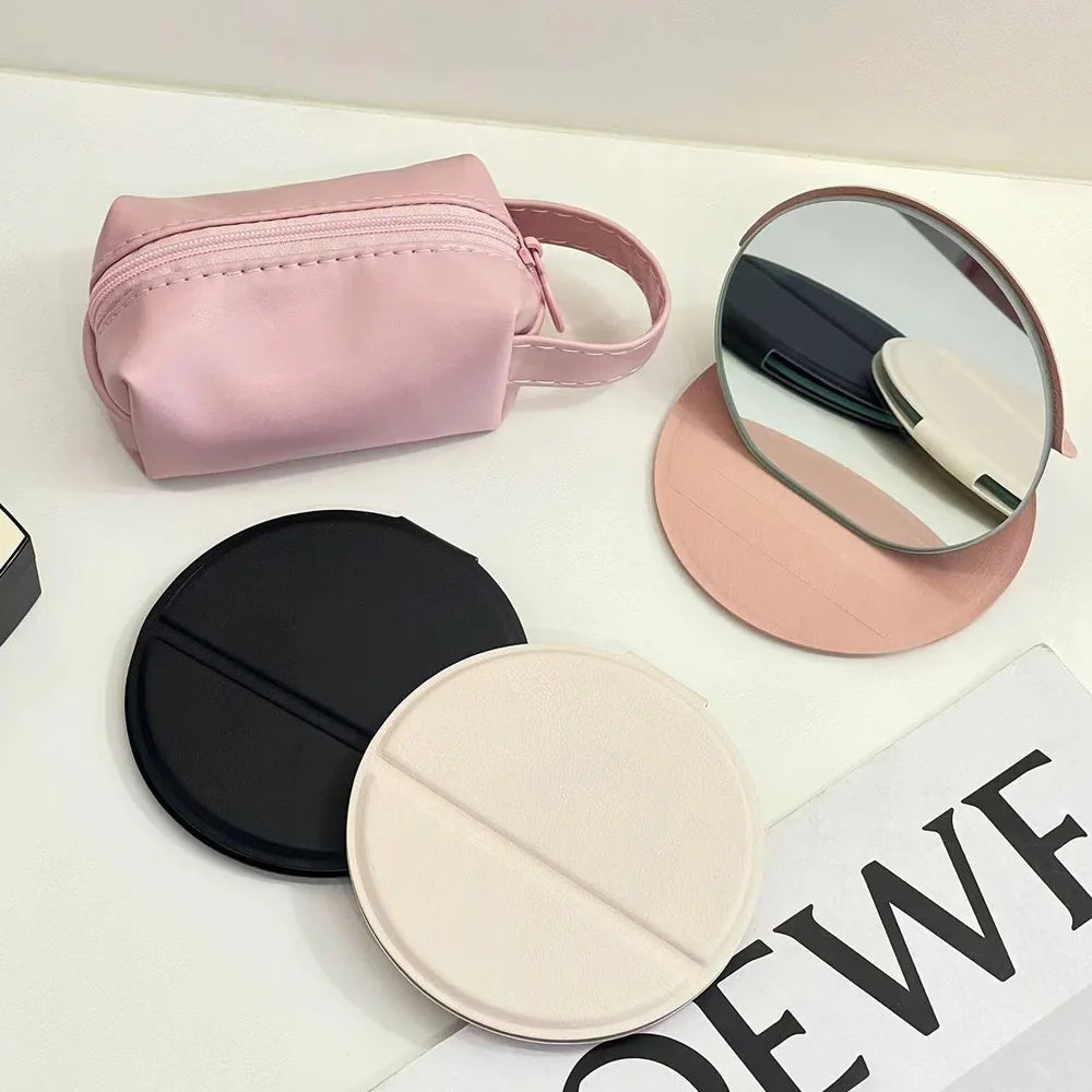 Round Foldable PU Leather Makeup Mirror – Portable Travel