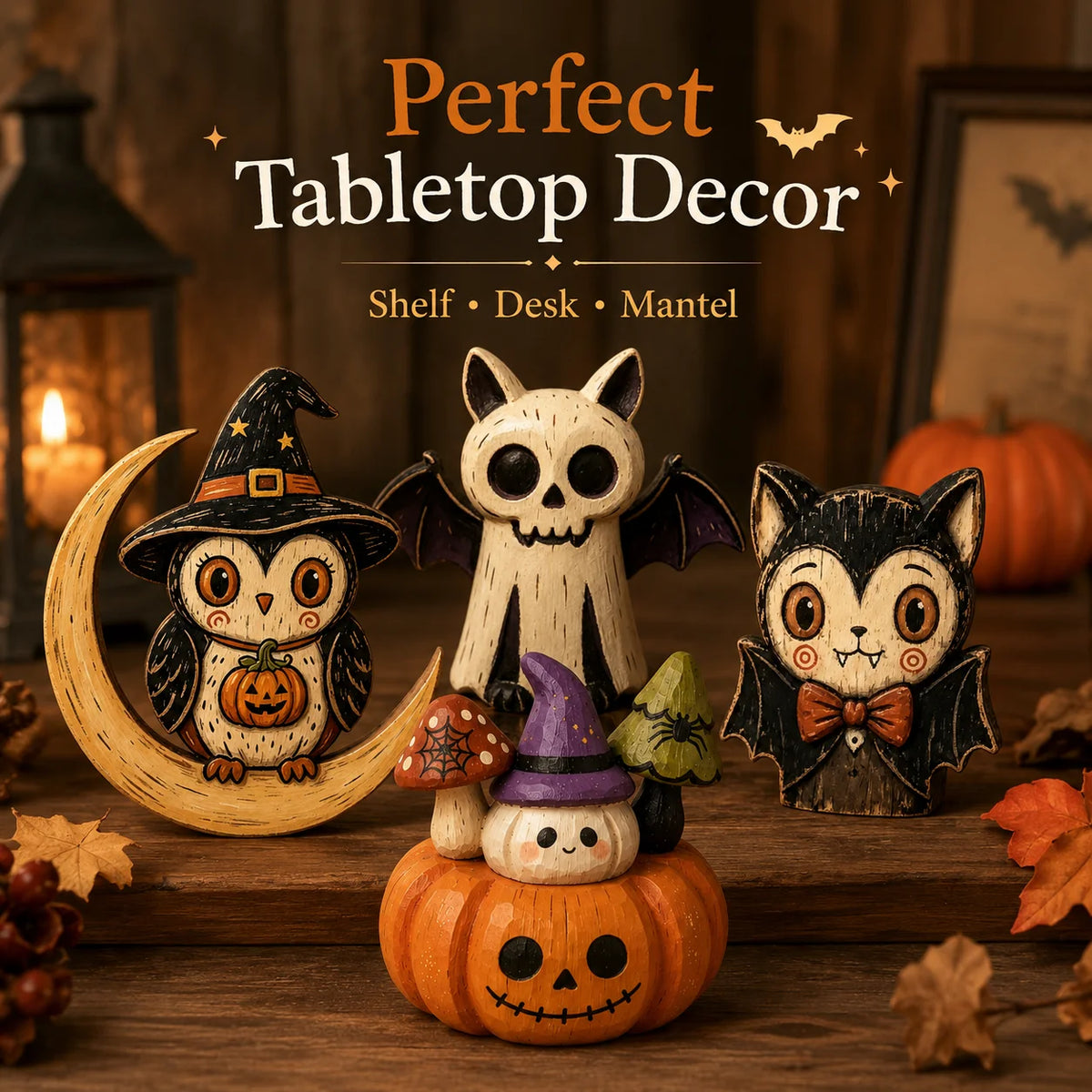Halloween Wooden Figurines – Owl Ghost Pumpkin & Vampire Cat