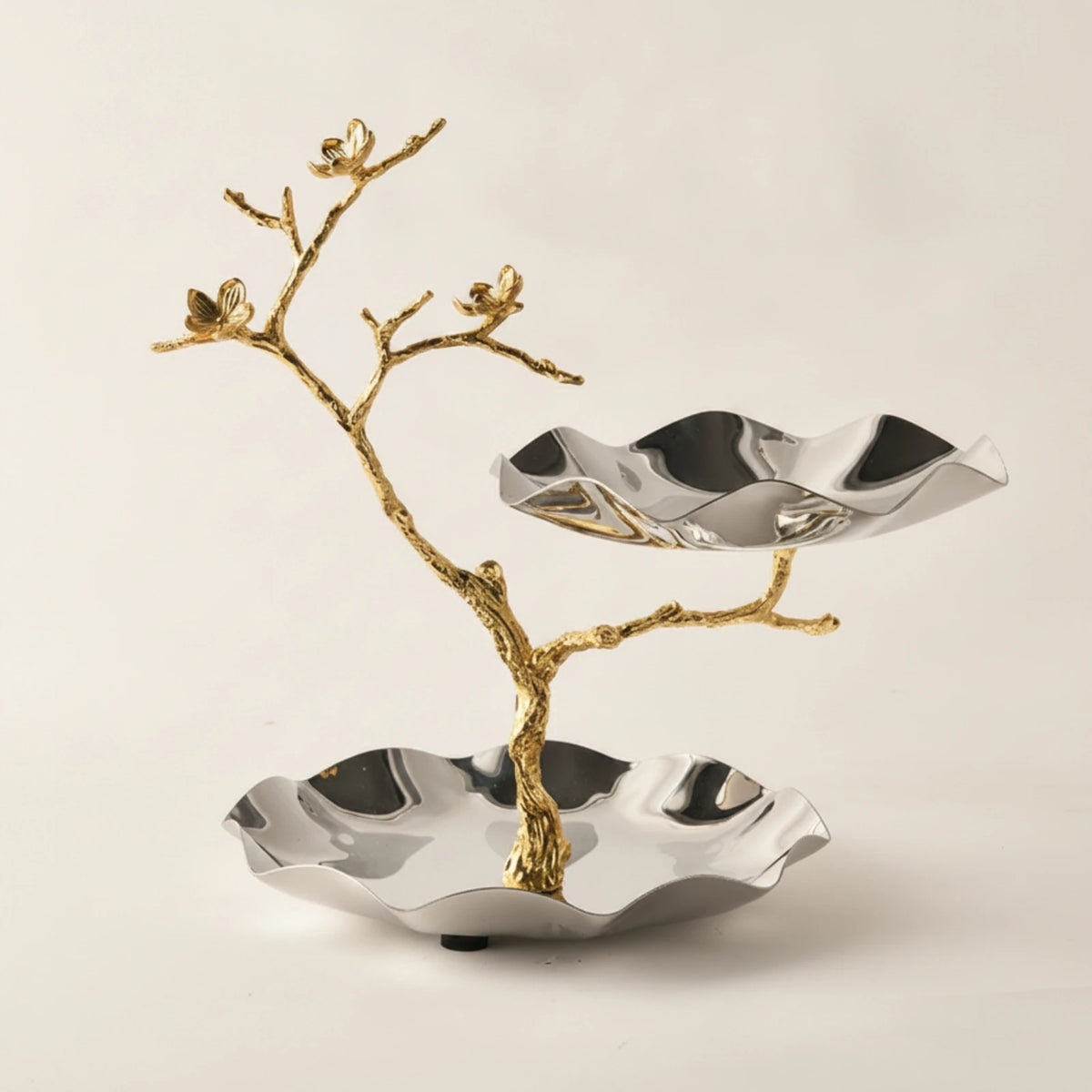 Two-Tier Scalloped Bowl Serving Stand | Silver & Gold Platter