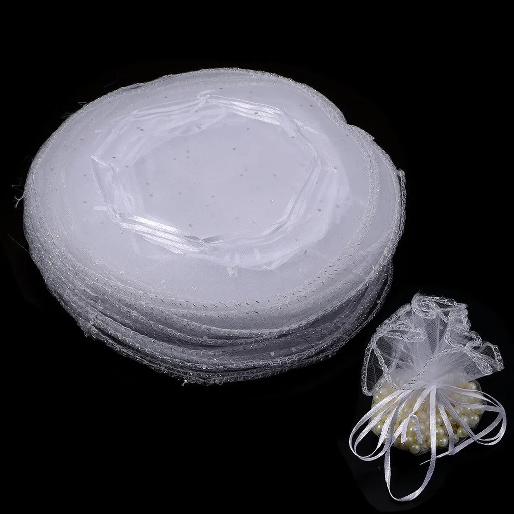 Round Organza Drawstring Gift Pouches – 10pc Sequin Tulle