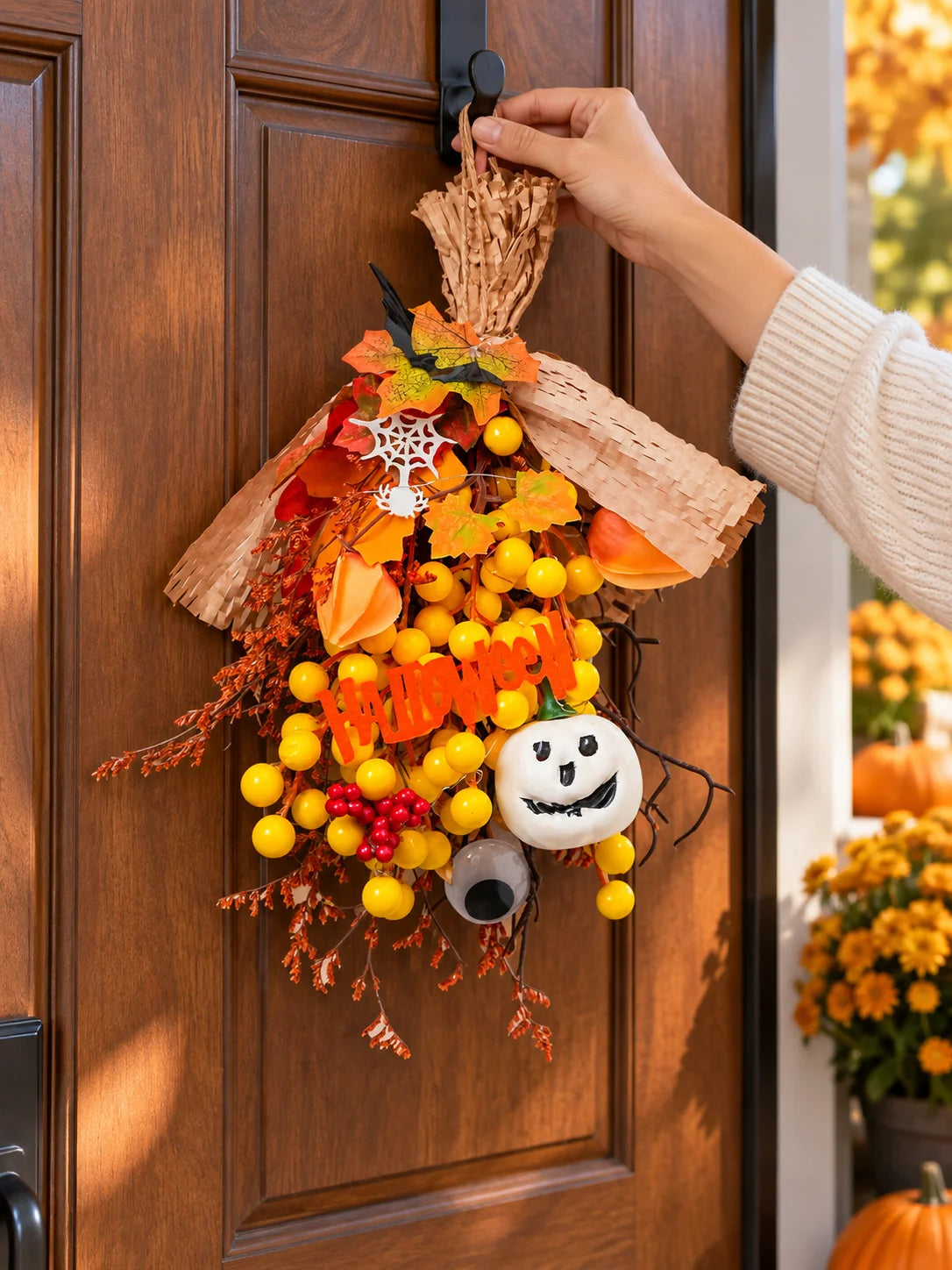 Halloween Pumpkin Bouquet Door Hanger – Handmade Autumn Swag