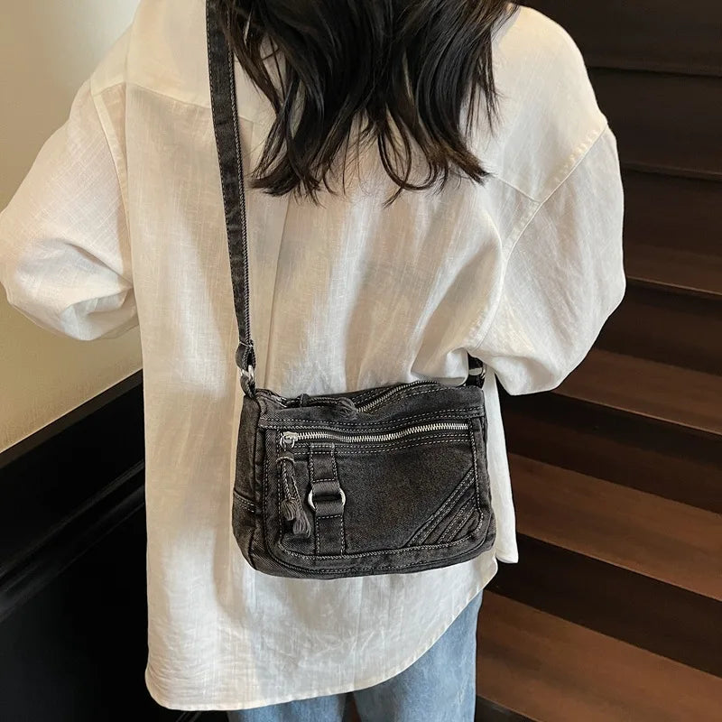 Retro Washed Denim Crossbody Bag | Multi-Pocket Square Bag