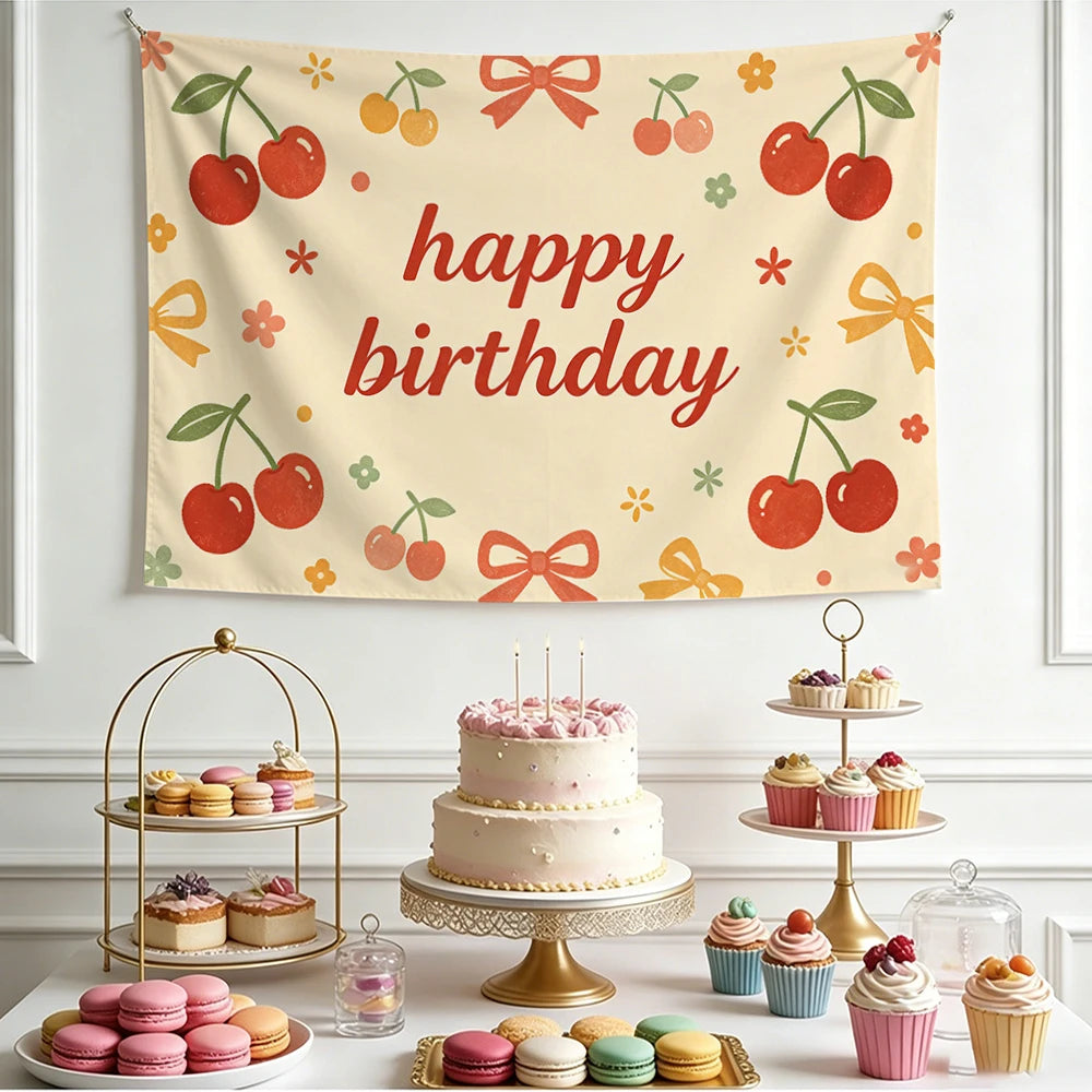 Happy Birthday Cherry Print Tapestry – Party Wall Hanging