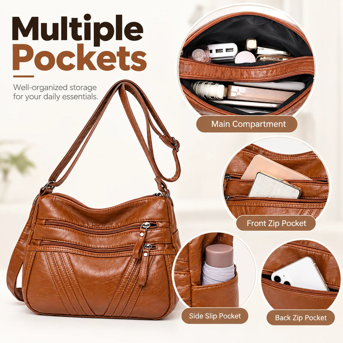 Women's Washed PU Leather Large Crossbody Shoulder Bag