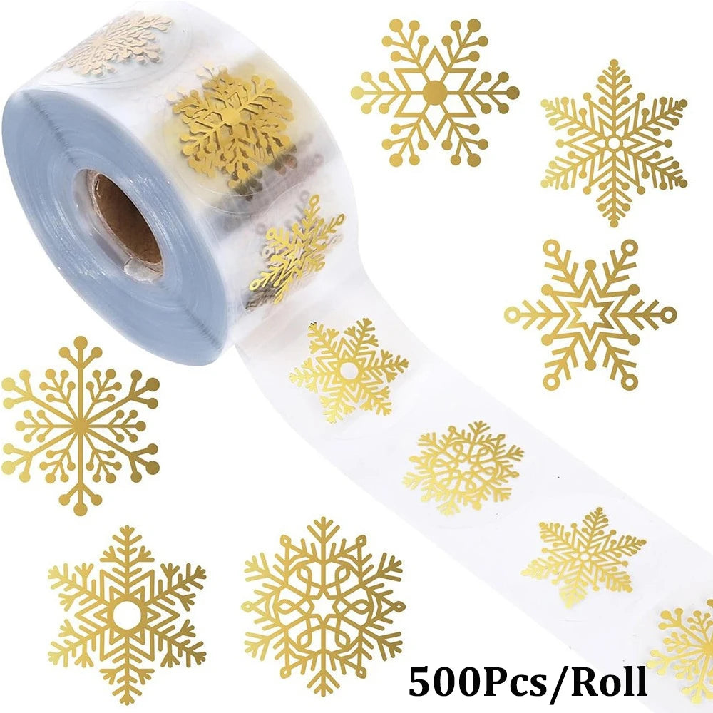 Gold Foil Christmas Snowflake Stickers – 500pcs Transparent Seals