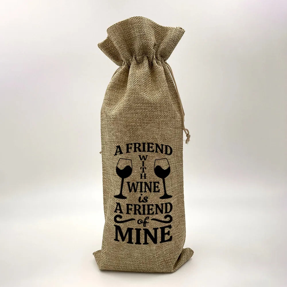 Wine Print Burlap Drawstring Bag – Reusable Eco Gift Pouch