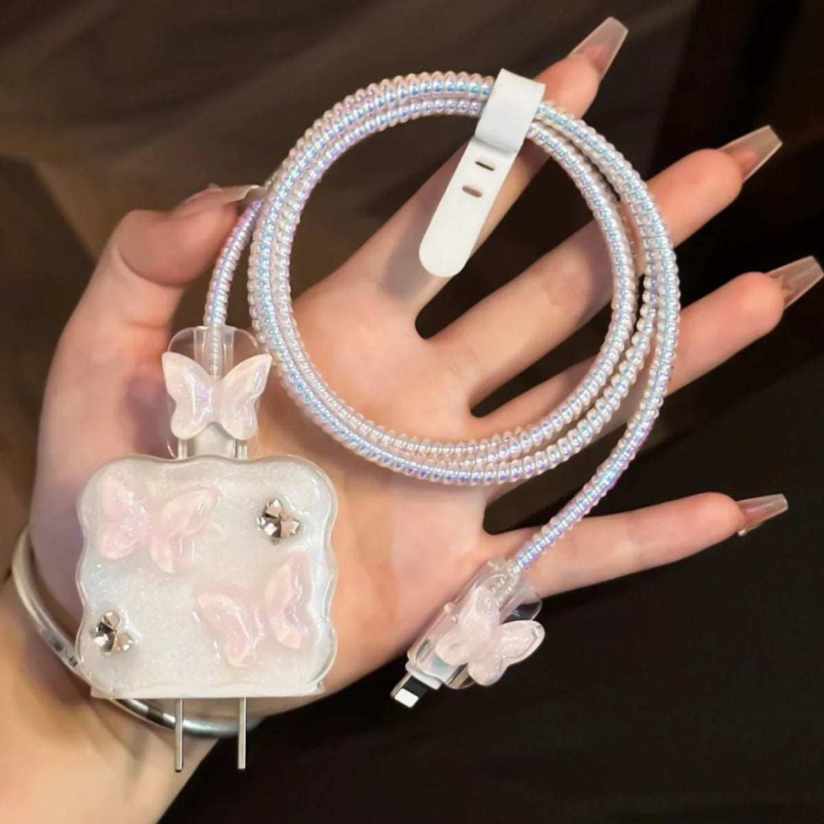 Pink Butterfly iPhone 18W/20W Charger Case & Cable Winder Set