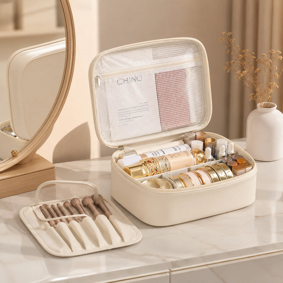 Large Capacity Travel Makeup Bag with Detachable Brush Panel