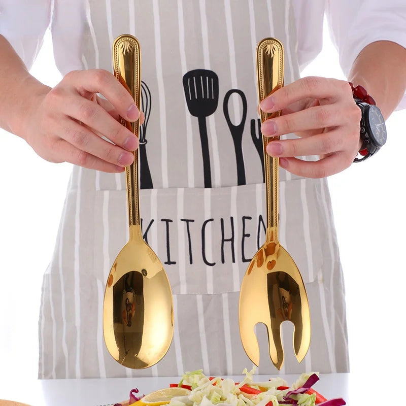 Gold Stainless Steel Salad Spoon & Fork Serving Set – 2 Piece
