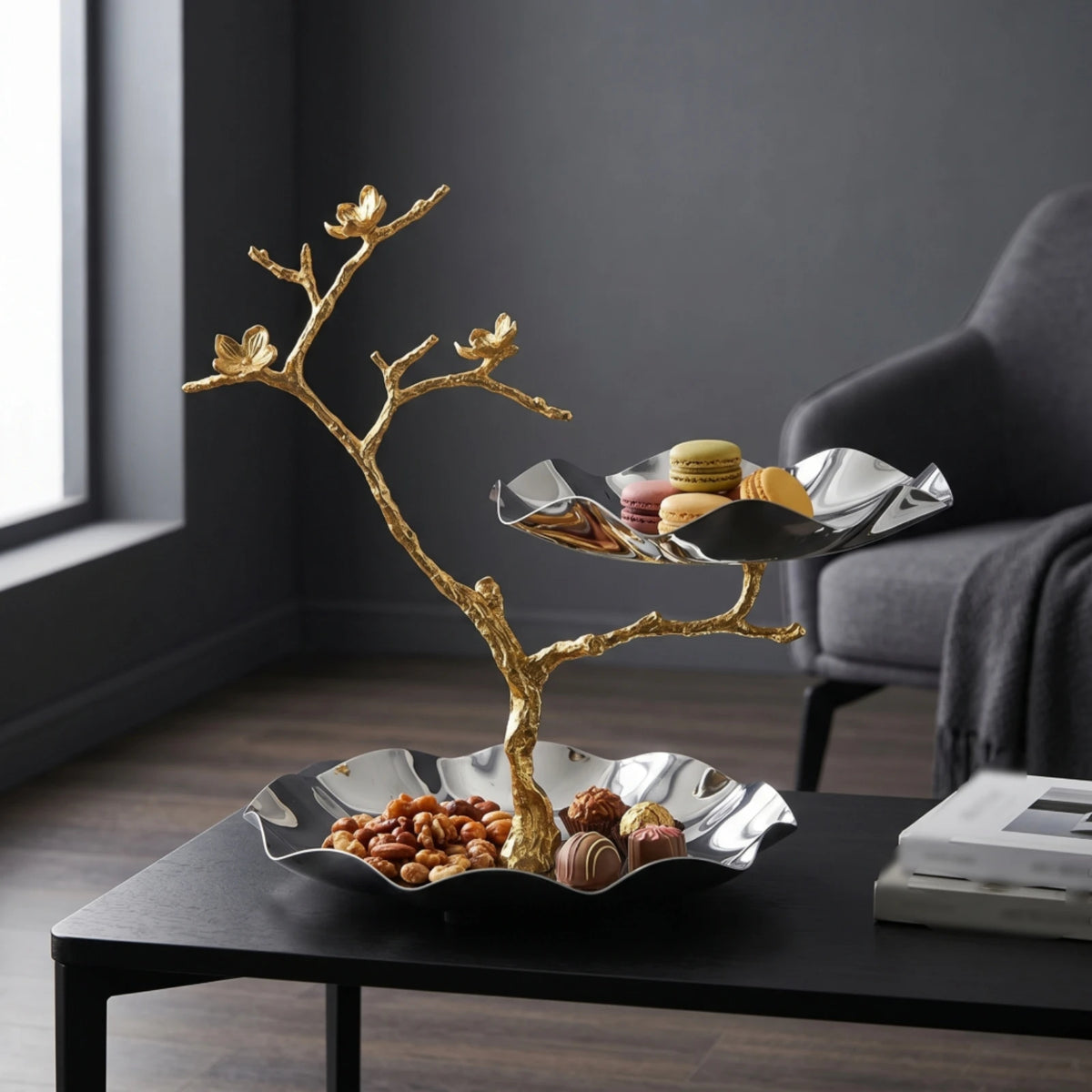Two-Tier Scalloped Bowl Serving Stand | Silver & Gold Platter