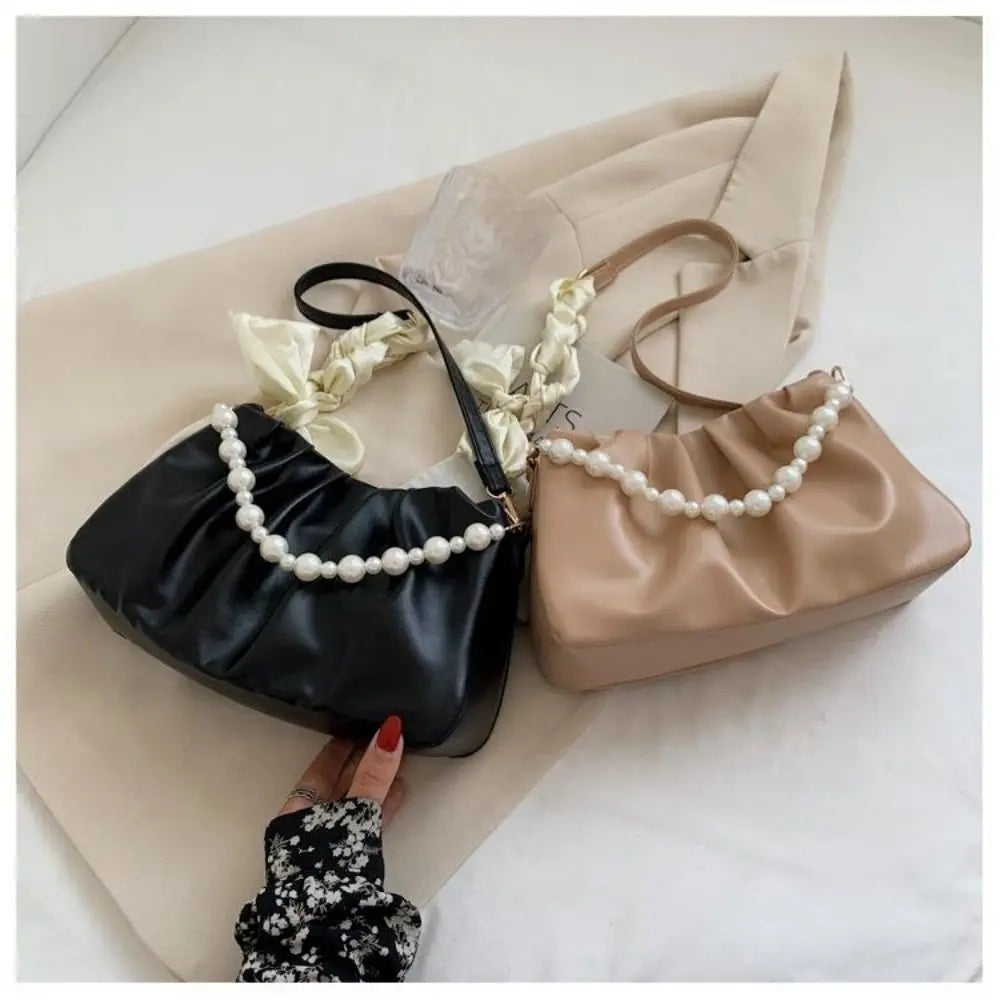 Pleated PU Leather Shoulder Bag with Pearl Detail | Women's Purse