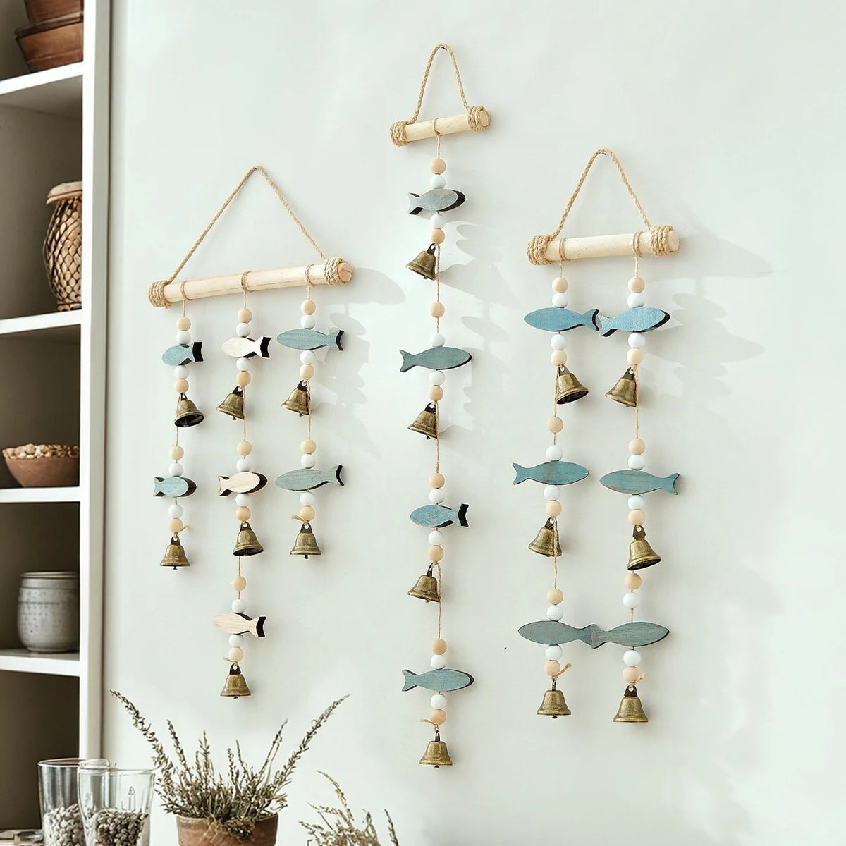 Mediterranean Fish Wind Chime – Wood & Hemp Rope Wall Decor